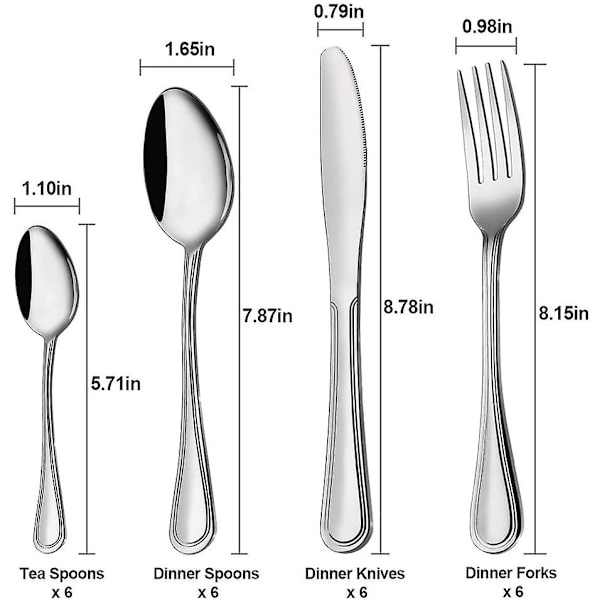 24-delars bestickset, Tenghonghui rostfritt stål bestickset silverbestickset 6 Sliver