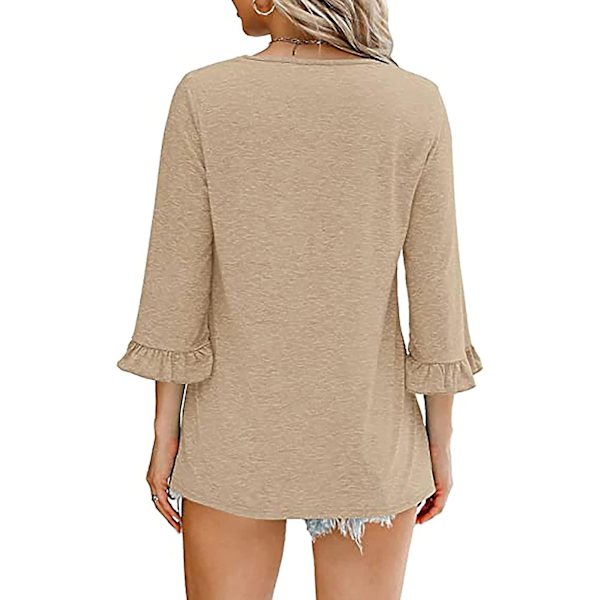 Dame Ensfargede Topper Casual V-hals Ruffle 3/4 Bell Erme Bluse Tunika Løs Skjorte Khaki A S