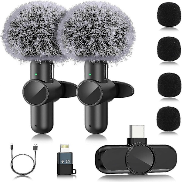 2-pakning trådløs lavalier-mikrofon, Plug and Play profesjonell mini trådløs lavalier-mikrofon, trådløs mikrofon for Vlogging Live Broadcast C