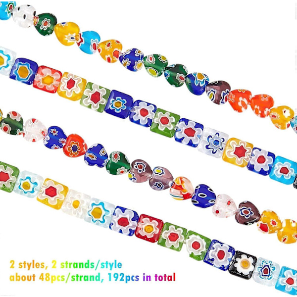 192 stk. Millefiori Lampwork Glassperler 4 Tråder Håndlagde Glassperler Firkantet Hjerte Fargede Glasurperler 0,5 mm Hull for Smykkefremstilling 8x8x3mm