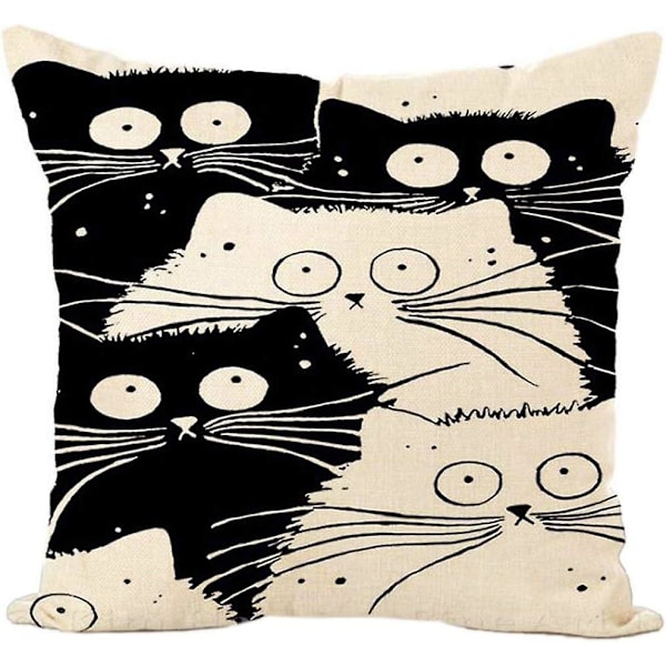 Sett med 4 45 x 45 cm bomulls- og linputetrekk med trykk av svart og hvit katt, firkantet, for seng, bil, hjem, sofa