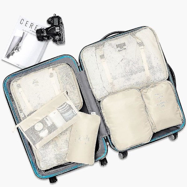Packningskuber Resväska Packningsorganisatörer Set Med Toalettväska (7 st) Beige