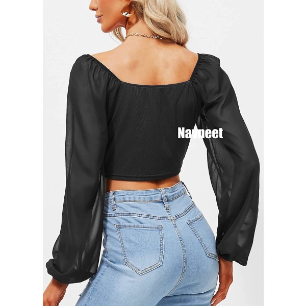 Naisten Ribbineulos Pitkähihainen Crop Top Neliöpääntie Lyhyt Toppi Slim Korsettitoppi Rento
