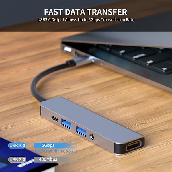 5-in-1 USB-C Hub -telakka-asema, Type-C - HD 4K, kaksi USB3.0-porttia, 3,5 mm:n audioliitäntä, PD 60 W:n pikalataus
