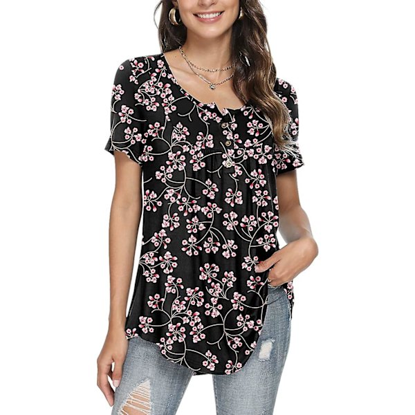 Kvinnors vår-sommar Henley-skjortor Knäppta tunikor Toppar 2023 Casual Kortärmad blus T Gypsophila Black L