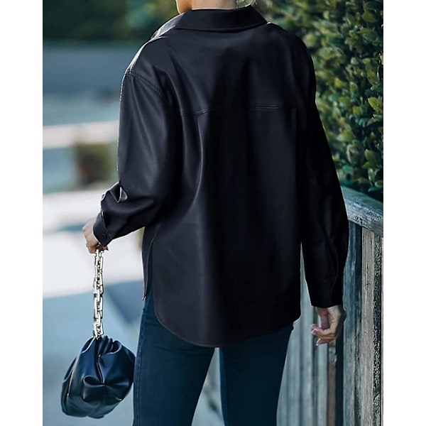 Kvinnors knapp framtill konstläder jacka Shacket casual skjorta långärmad kavaj kappa med bystficka L