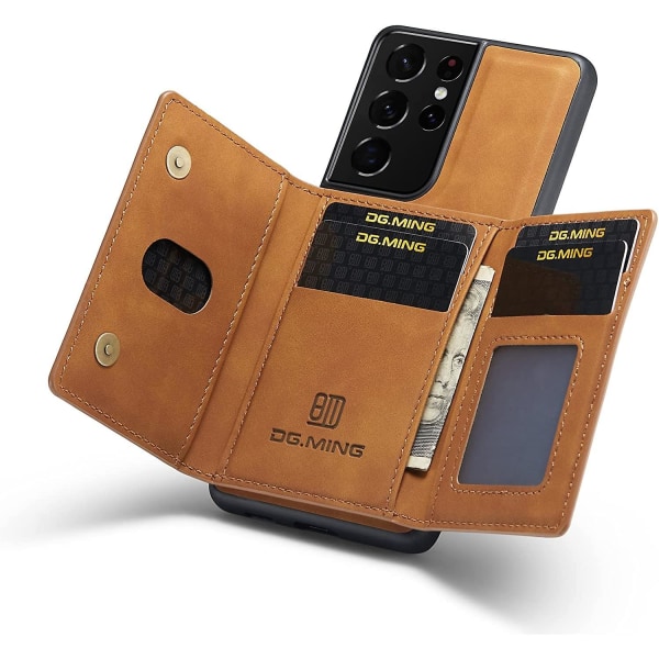 Magnetiskt löstagbart case i läder kompatibelt med Samsung Galaxy S23 Ultra, med korthållare Khaki For Galaxy S23 Ultra