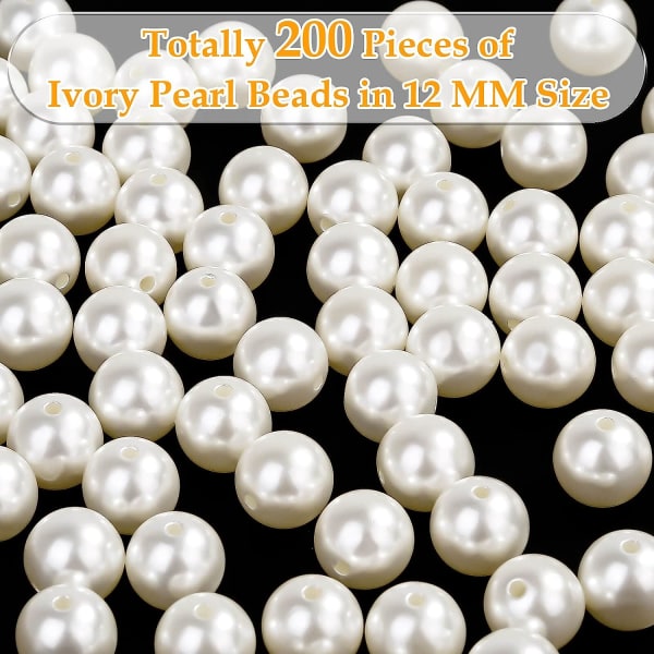 Pärlpärlor för hantverk, 200 st Ivory Faux falska pärlor, 12 MM Sy på pärlpärlor med hål för smyckestillverkning, armband, halsband 10mm