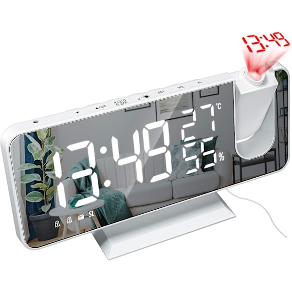 Radioprojektion LED-väckarklocka Stor skärm Temperatur och fuktighetsdisplay Elektronisk klocka för sovrum Kök Present - Vitt skal Digitalt vitt