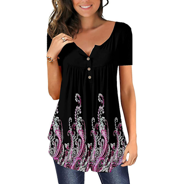Dame Tunika Topper Ensfarget Plissert V-hals Knapper Bluse Blomstertrykte Damer Mixblack S