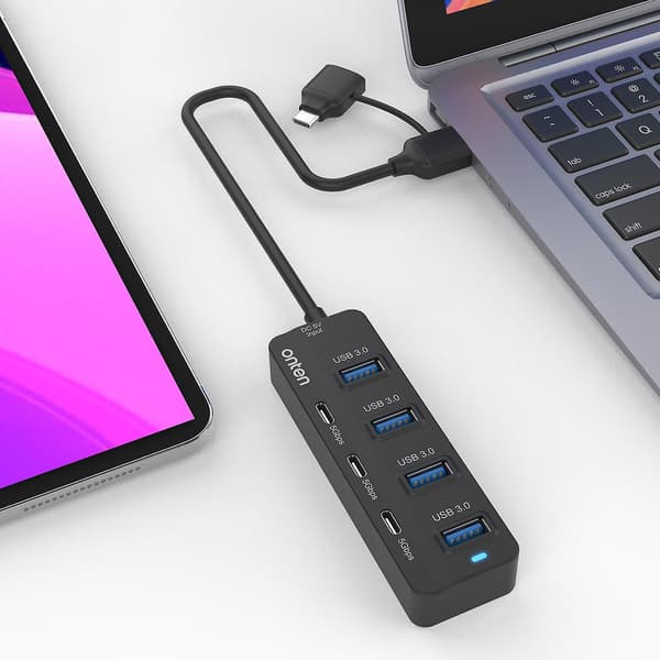 7-i-2 USB/Type-C HUB Adapter 4 USB 3.0 + 3 USB-C Dokkingstasjon 5Gbps Datakonverter