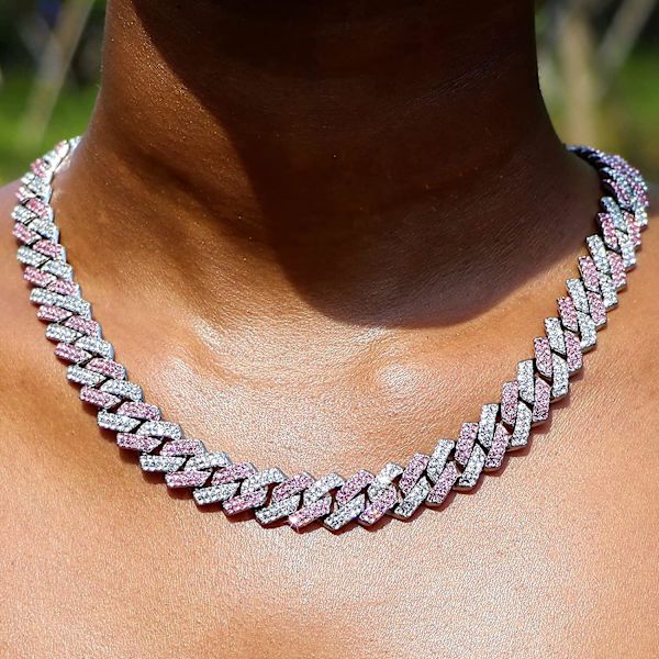 Hopeanvärinen Bling Miami Cuban Link -ketju miehille ja naisille, jäädytetty Miami Cuban -kaulakoru, timanttiketju miehille, 14 mm värikäs hiphop-koru