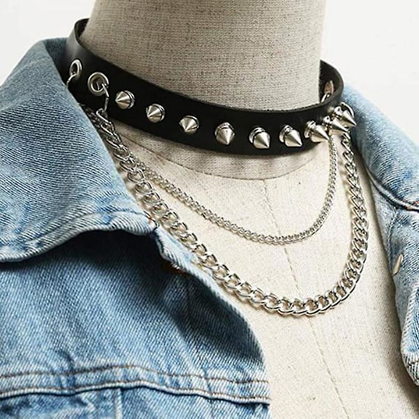 Punk Goth Metal Spike Studded Link Läder Krage Choker Halsband black