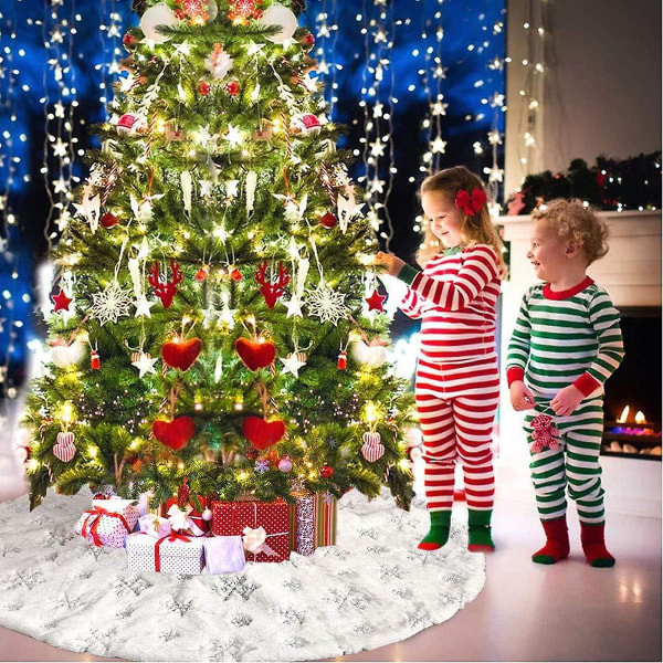Julgranskjol Cover Vit julgransmatta Plysch mattdekoration Cover i slutet Dekorativt träd med snöflingor