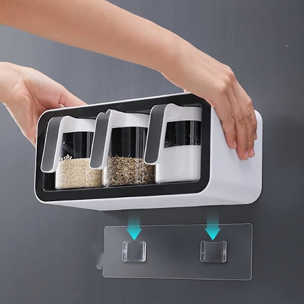 Väggmonterade kryddboxar, 3 rutnät kryddbox transparent kryddbox, kryddburkar med skedar, platsbesparande hushållskök hylla kombinerad
