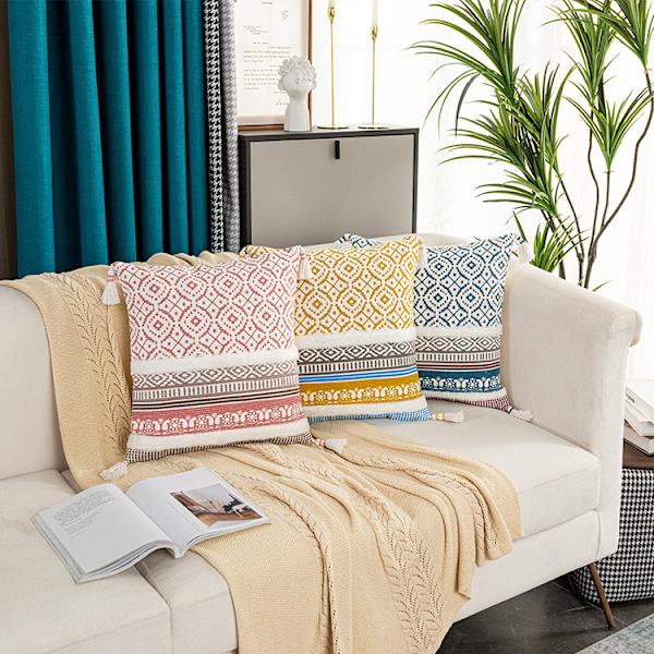 Boho Tuftade dekorativa kuddfodral för soffa - Modernt marockanskt örngott med tofsar, sovrum vardagsrum bilhotell, 18x18 tum Yellow