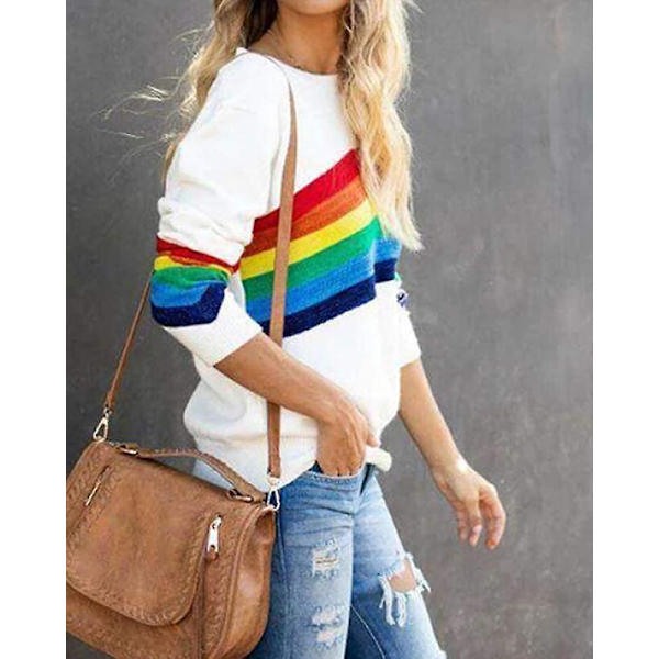 Dam tröja regnbåge pullover lätt långärmad rund hals lös stickad tröja S