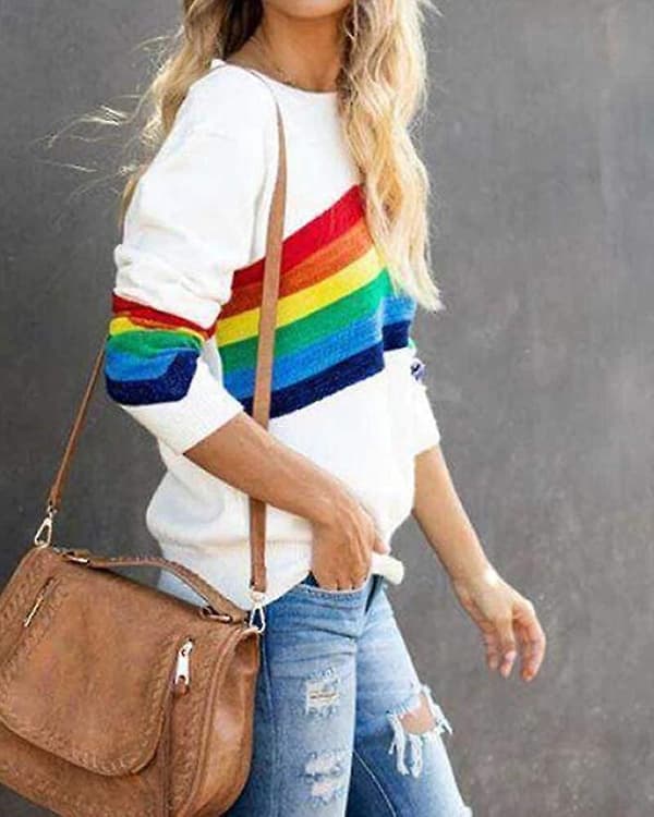 Dame Regnbue Pullover Sweaters Letvægts Langærmet Rund Hals Løs Strikket Sweater S