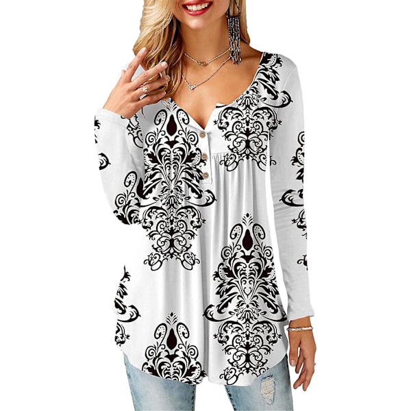 Damtröjor volang lös knapp upp tunika toppar för kvinnor White B XL