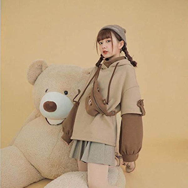 Damer Harajuku Estetisk Bear Anime Luvtröja Koreansk Kawaii Rundhalsad Streetwear Kpop Höst- och vinterkläder Toppar beig black M