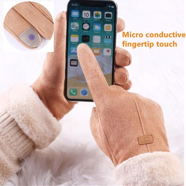 Fashion damhandskar höst vinter söt lurvig varm vantar full finger vantar damer utomhus sport handskar pekskärm Khaki 1 One