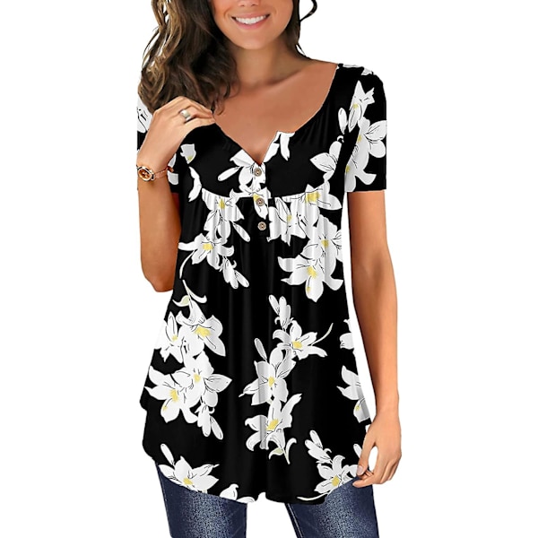 Dame Tunika Topper Ensfarget Plissert V-hals Knapper Bluse Blomstertrykte Damer Dotwhite XL