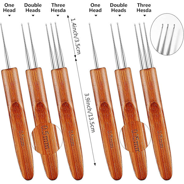 6 Stykker Dreadlock Heklenål For Hår 0.5 Mm 0.75 Mm Nålveving Hekling Inkluderer 1 Krok, 2 Kroker, 3 Kroker For Flettehåndverk