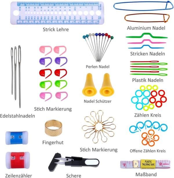 Hæklenåle 100-dele sæt, strikkepinde; tilbehør og etui; i assorterede størrelser og farver