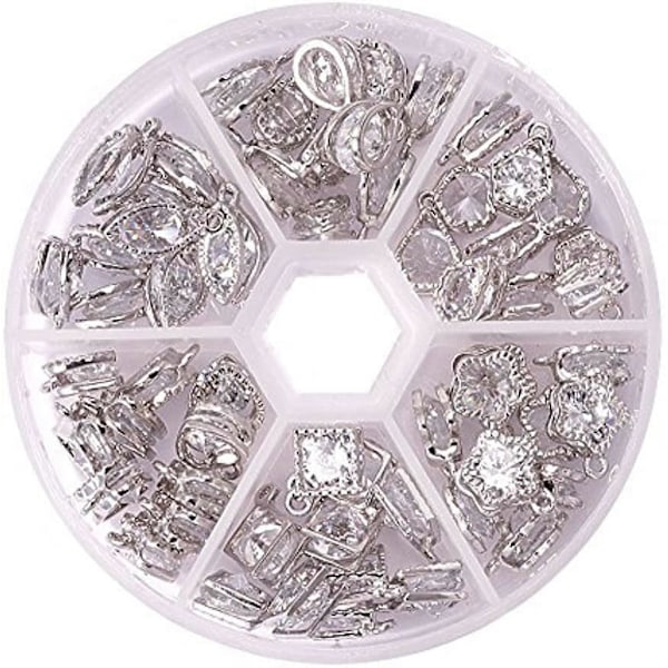 1 Ask 60 st Cubic Zirconia Legering Charm Set i 6 Stilar för Smyckestillverkning Storlek 10-15mm Längd i Platina