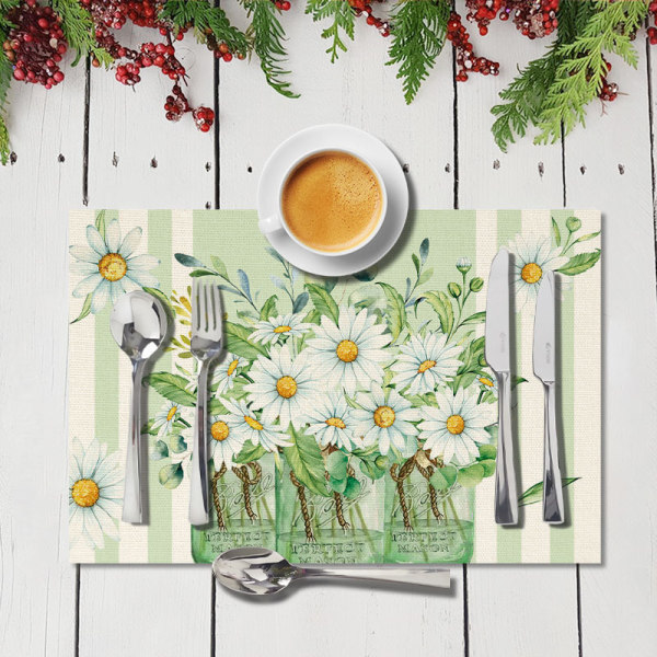 4 st Mode Eucalyptus Blad Daisy Vas Underlägg för Matbord, 35x45cm Vår Påsk Sommar Säsong Semester Dekoration Rustik