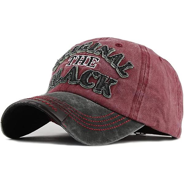 Vintage Baseball Cap Broderi Sort Vasket Denim Trucker Cap 100% Bomuld Solhat Justerbar Størrelse Burgundy
