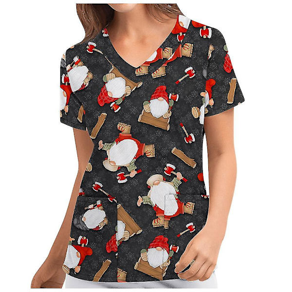 Jul Kvinnor Sjuksköterska Uniform Skrubb Kortärmad T-shirt Jul Blus Tee Toppar V-ringning Black XL