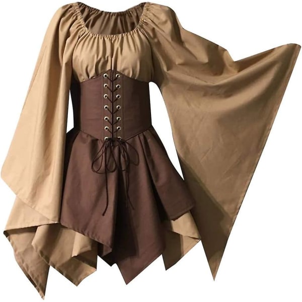 Wraith Of East Women S Renaissance Medieval Costume Flare Sleeve Corset Skirt Overskirt Elven Archer Fancy Dress Irish Over Gown Set Khaki X-Large