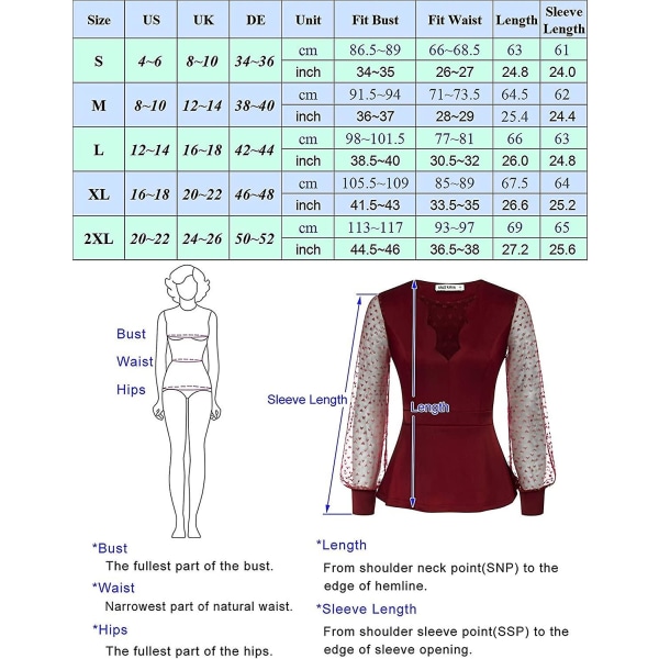 Kvinnor Mesh Patchwork Toppar Panel V-hals Genomskinlig Långärmad Sheer Peplum Topp L