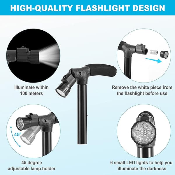 Foldbar Stok med LED-lys, Teleskopisk Stok, Stabil Base