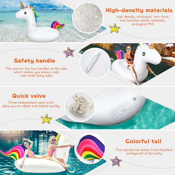 Superstor Unicorn Luftmadrass, 240 x 110 x 150 cm Uppblåsbar Unicorn Pool Flotte, Uppblåsbar Simning Sommarleksak Utomhus med Reparation