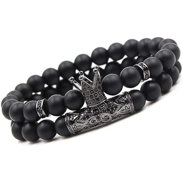 Svart matt pärlarmband 8mm Onyx sten armband set charm kunglig krona Black
