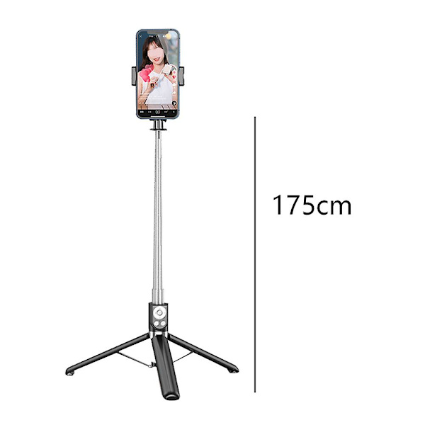 Selfie Stick, Udtrækkelig Selfie Stick med Tik Tok Genopladelig Trådløs Fjernbetjening og Tripod Stativ black 1.75m
