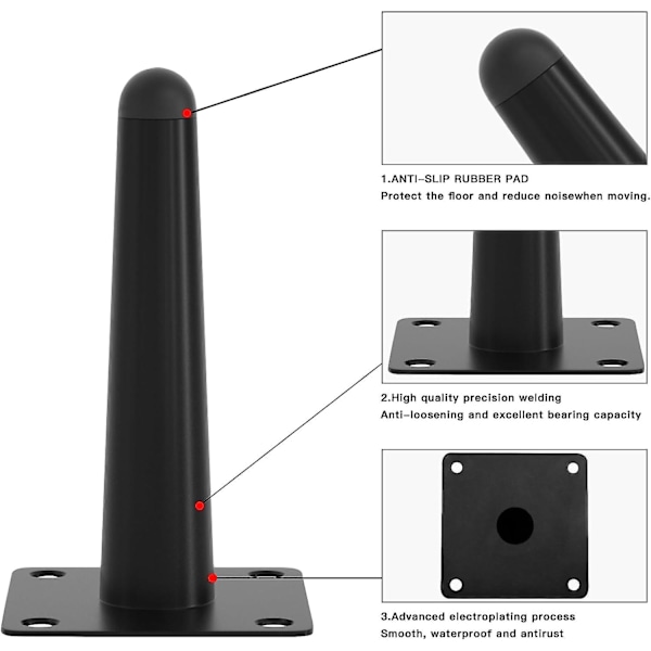 8 st 12 tums bordsben, raka koniska metallmöbelben svarta möbler i mitten av århundradet stolsfötter ersättningsben för soffa skåp soffbord stolsben Black 4 inch   10 cm