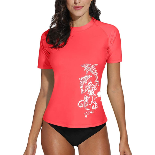 Dame Kortærmet Skjorte Surf Top Badetøj Sommer Svømning Sport Upf 50+ Blomstret Coral XL