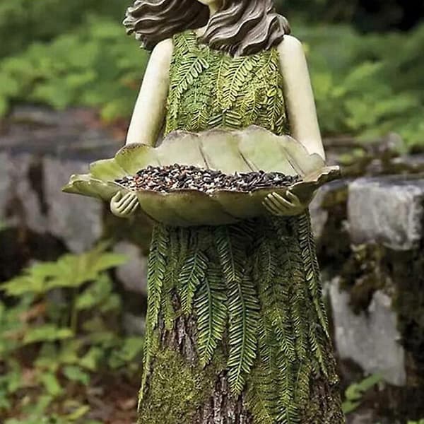 Bregne Fe Statue med Fuglefoder Resin Figur Gudinde Stedsegrøn Udendørs Haveindretning