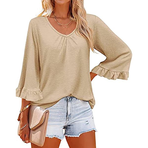 Dame Ensfargede Topper Casual V-hals Ruffle 3/4 Bell Erme Bluse Tunika Løs Skjorte Khaki A L