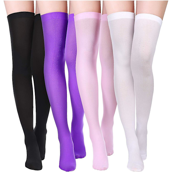 4 paria naisten silkkisiä reisiä myötäileviä sukkia, nailonsukat naisille Halloween-cosplay-asuun Black  White  Pink M