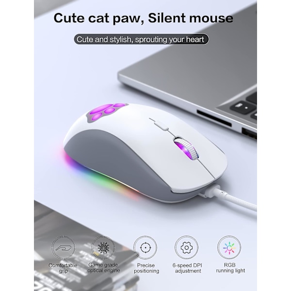 Katt Pot Rgb Gaming Mus, Stille Optisk Datamus Usb Kablet Med 6 Justerbare Dpi Opp Til 7200, Rgb Belysning, 6 Programmerbare Knapper For Windows/vi