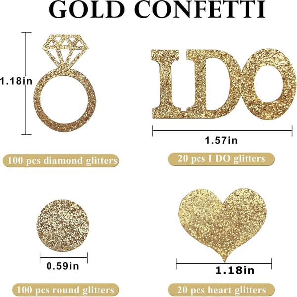 Guldbröllopsbordsdekorationer, glitterpapper diamantring, i do och hjärtkonfetti för bröllopsdusch