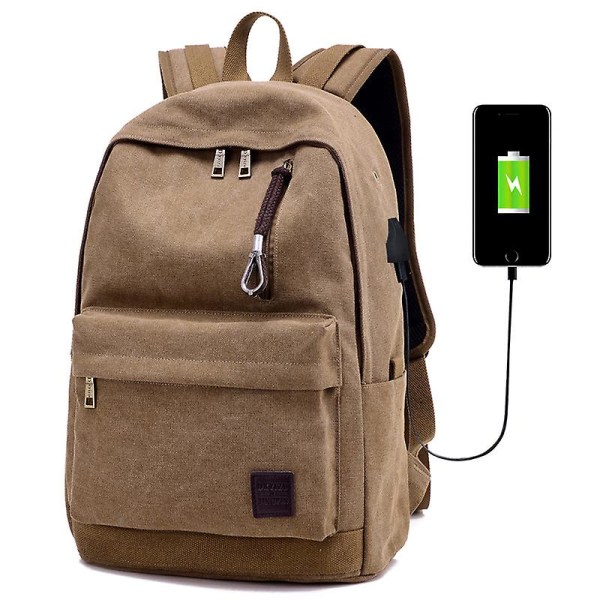 Canvas Ryggsäck Herr Casual Multifunktionell Ryggsäck Med Laddare Usb BROWN