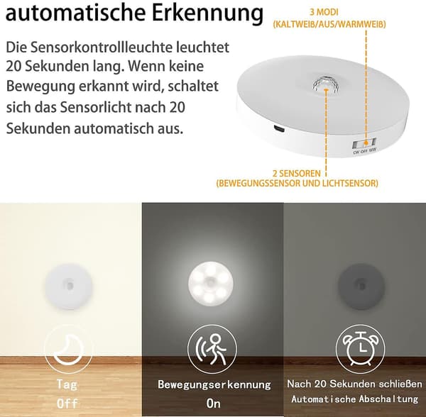 LED Nattlys med Bevegelsessensor, Pakke med 3 Nattlys Bevegelsessensor, USB Oppladbart LED Sensor Nattlys, Varmhvit 2 Moduser Bevegelsessensor Lys