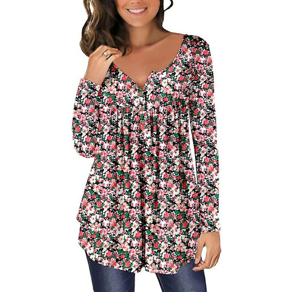 Kvinner Casual Bluser Topper Løse Plisserte Blomstrete Tunika Skjorter For Kvinner Uk V-Hals Redpink L