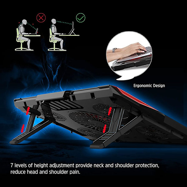 Laptop-kylplatta, 12\"-17\" laptop-kylare med 5 tysta fläktar, rött LED-ljus, spellaptop