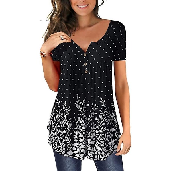 Dame Casual Bluser Toppe Løse Plisserede Blomstrede Tunika Skjorter Til Kvinder UK V-Hals Dotblack XL